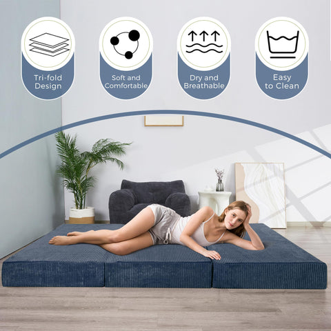 MAXYOYO Folding Corduroy Mattress, Tri Fold Floor Mattress 10cm thick with Washable Cover,Foldable in Three,Space-Saving for Guest (Bluestone, Double)