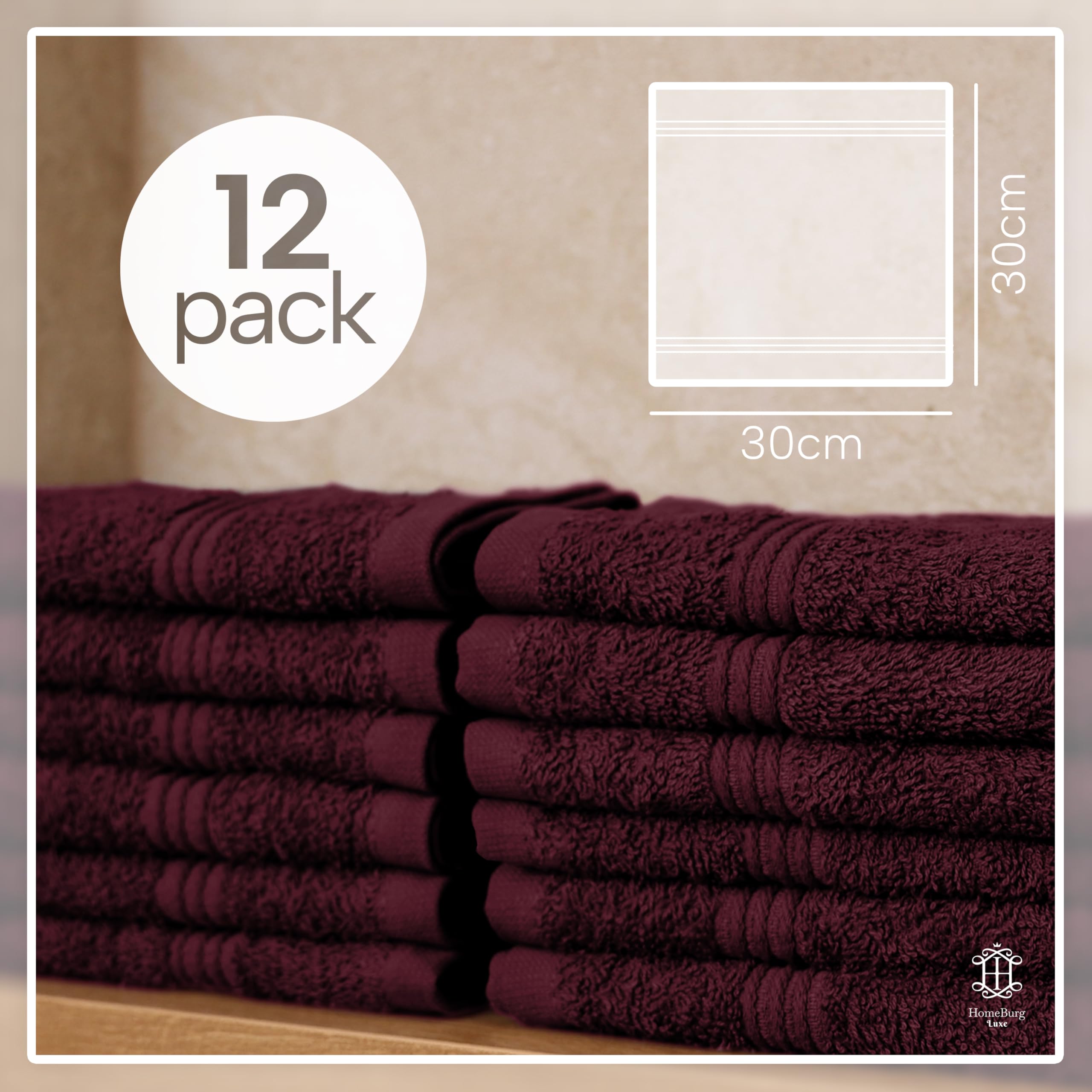 HomeBurg Luxe 12-Piece Washcloth Set - 100% Cotton, Soft & Absorbent, Easy Care, Premium Towels for Face & Daily Use, 30 x 30 cm, Velvet Wine