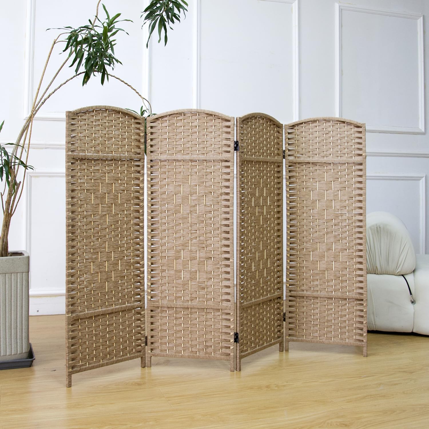 Furnnylane 4 Panel Light Brown Rattan Divider Short Room Partition Screen,Double Sided Short Folding Divider for Room Separation,120 cm Tall