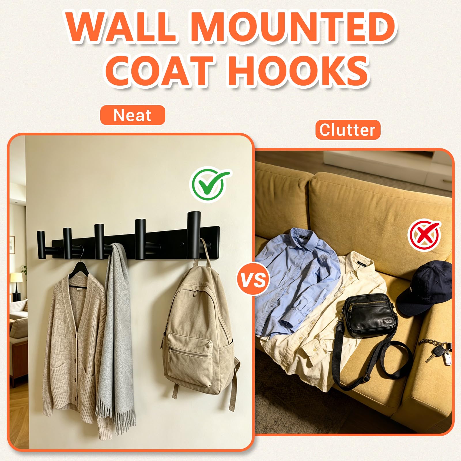 Matte Black Steel Wall Coat Rack 15.6in, 5 Hooks for Bathroom Hallway