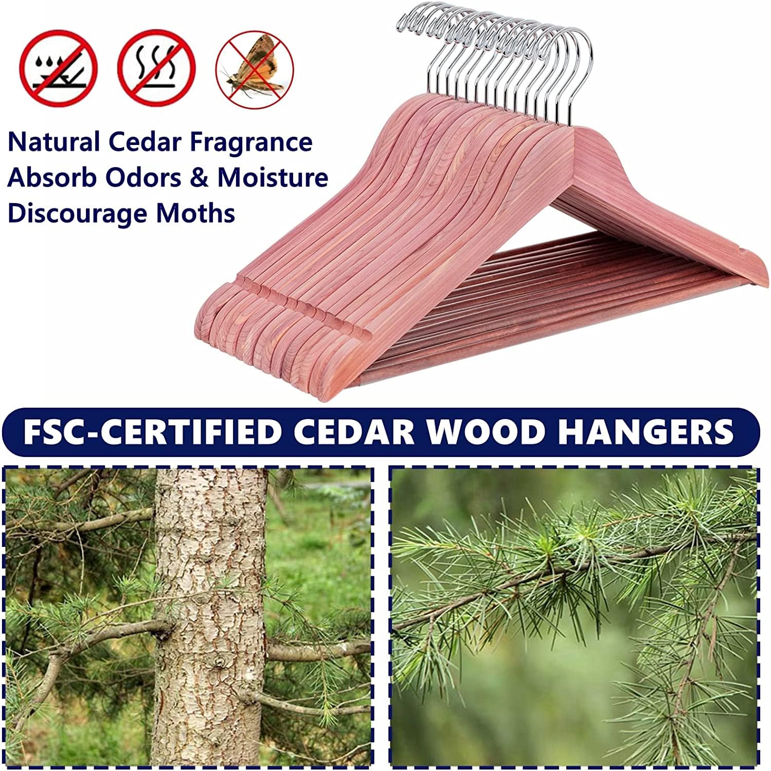 Amber Home 10pcs Cedar Wood Coat Hangers, Wooden Suit Hangers, Natural