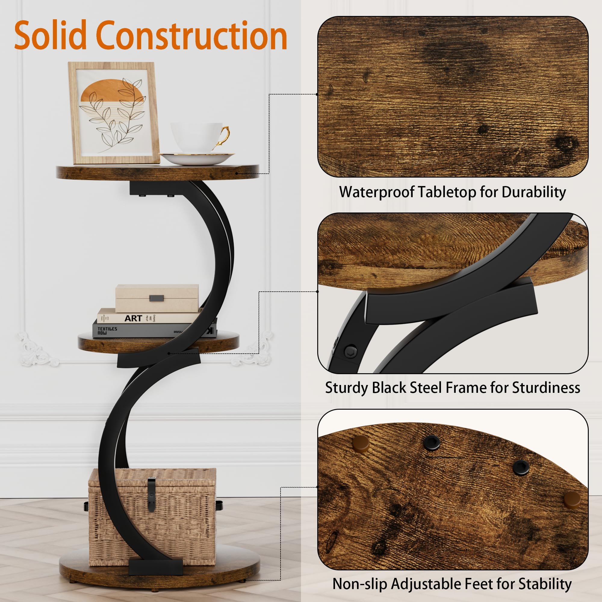 JUSTOGO Round Side Table, S-shaped 3-Tier Coffee Table, Small Table, Wood, Metal Bedside Table for Living Room, Bedroom