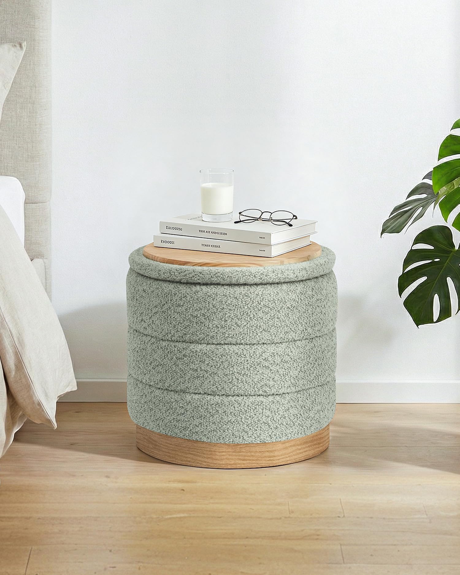 Bonlife Round Chenille Storage Ottoman, Folding Footstool with Table Top, 39X39X37cm, Load Capacity 120kg