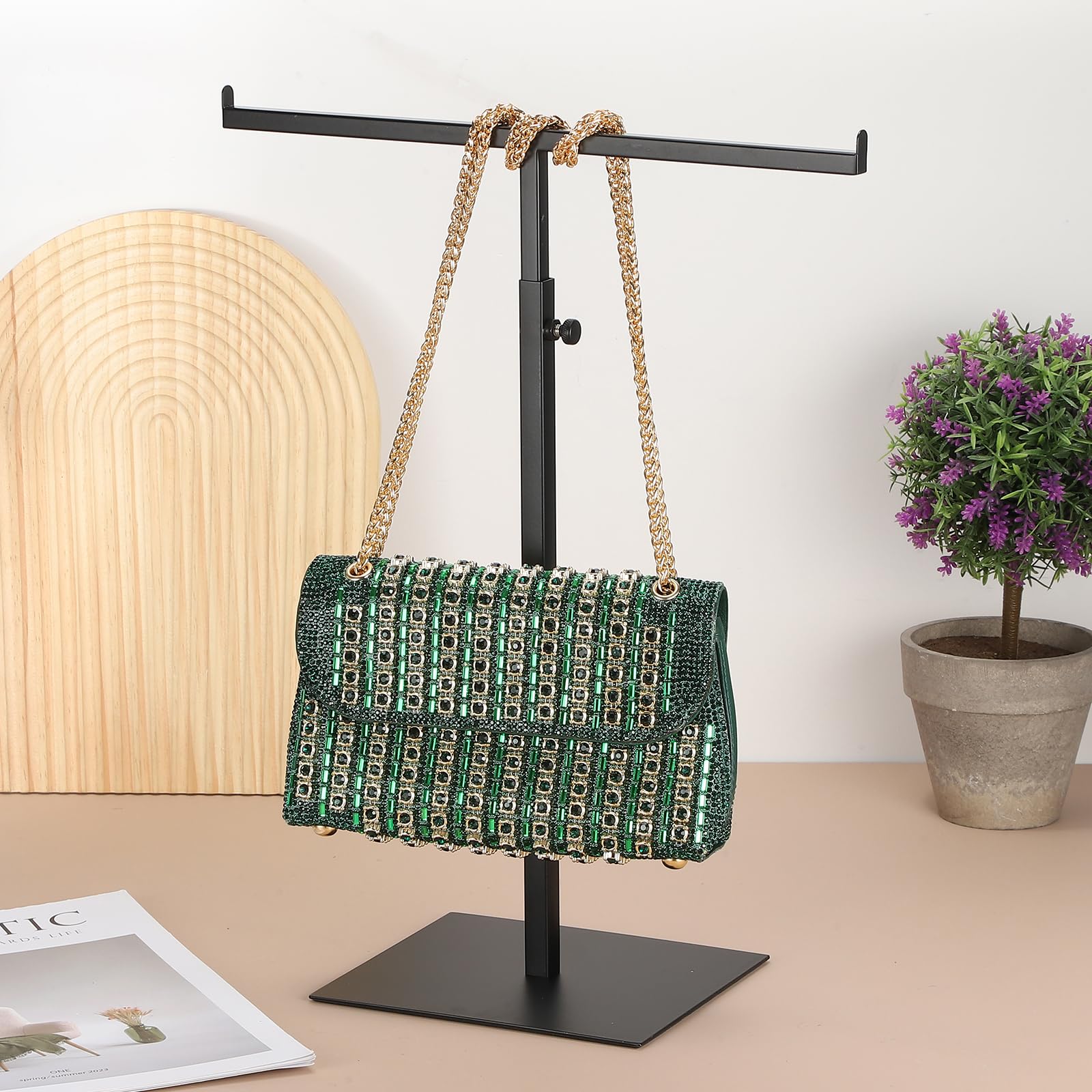 sourcing map Purse Display Stand Stainless Steel T Shaped Handbag Display Stand Adjustable Purse Rack Stand Tabletop Double Hook Holder for Home