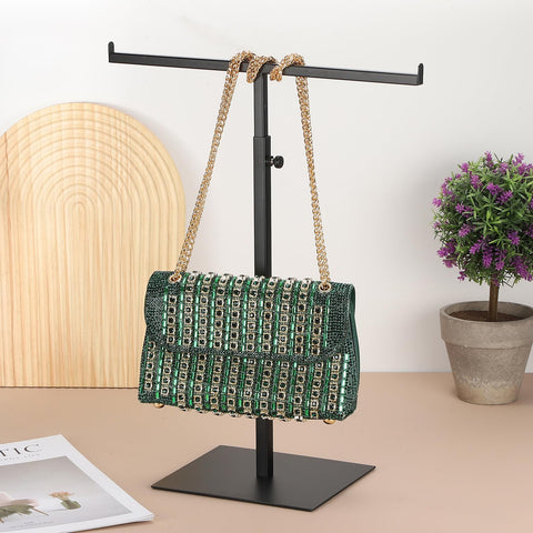sourcing map Purse Display Stand Stainless Steel T Shaped Handbag Display Stand Adjustable Purse Rack Stand Tabletop Double Hook Holder for Home