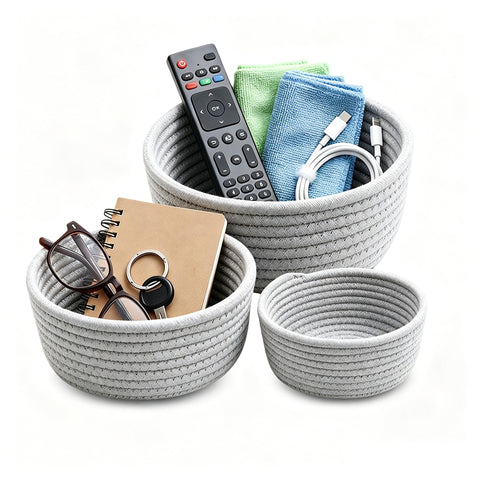 3 Pcs Small Woven Baskets, Cotton Rope Round Organizer for Shelves