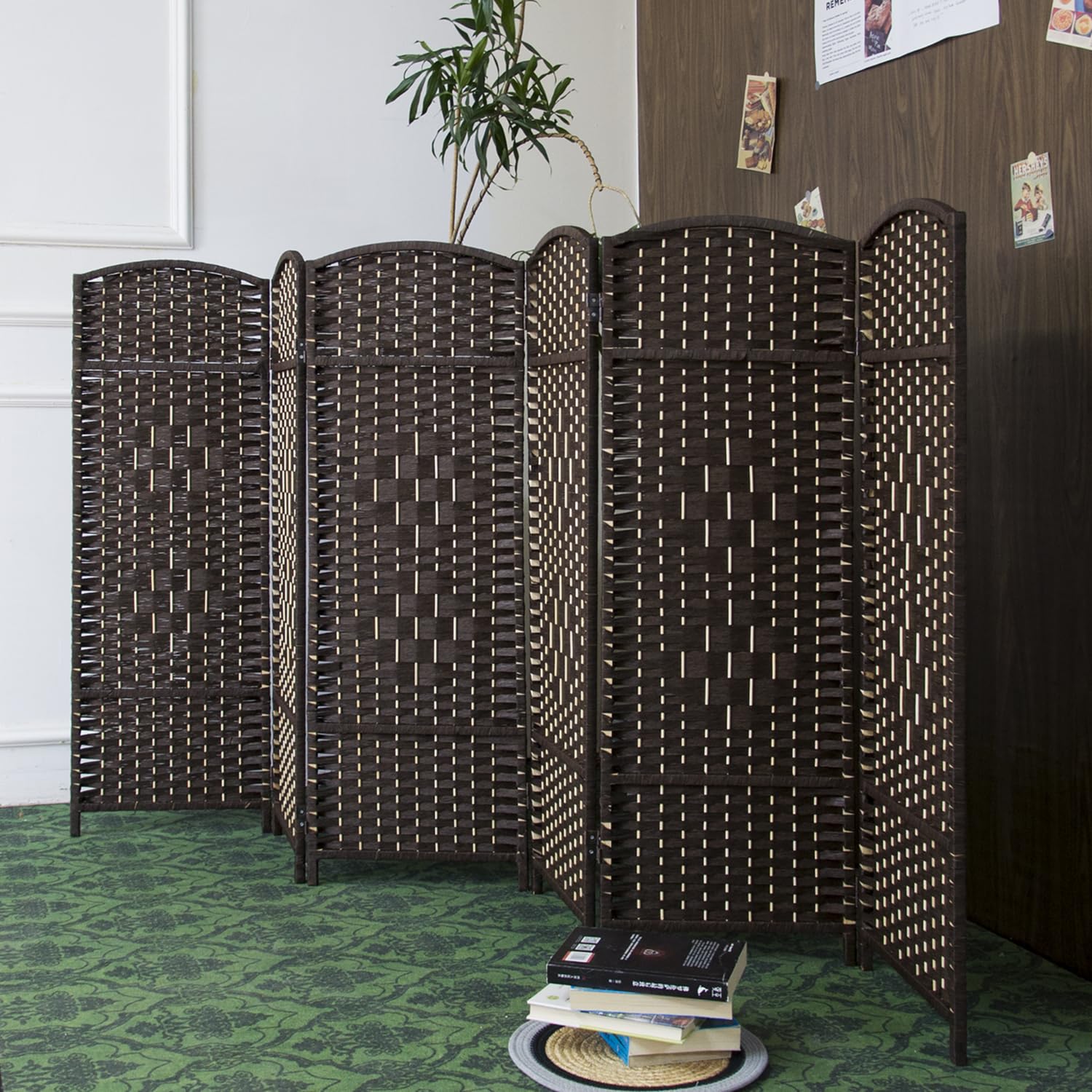 Furnnylane 6 Panel Dark Brown Rattan Divider Short Room Partition Screen,Double Sided Short Folding Divider for Room Separation,120 cm Tall