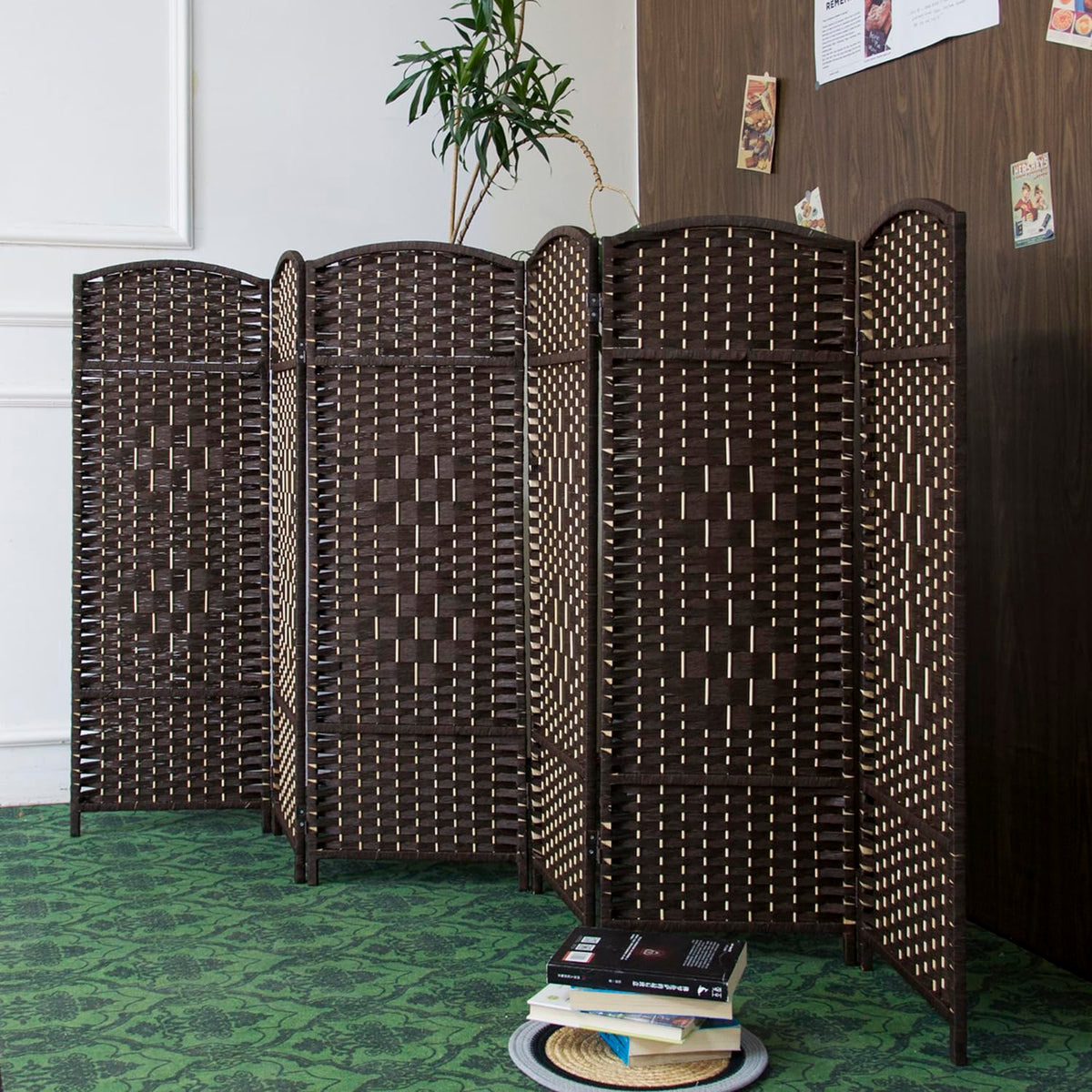 Furnnylane 6 Panel Dark Brown Rattan Divider Short Room Partition Screen,Double Sided Short Folding Divider for Room Separation,120 cm Tall