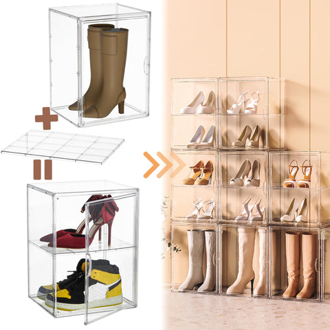 Attelite XX-Large Shoe Storage Boxes, Boot & Shoe Box Organizers with an Adjustable Divider, set of 2, Shoe Boxes Clear Plastic Stackable with Lids