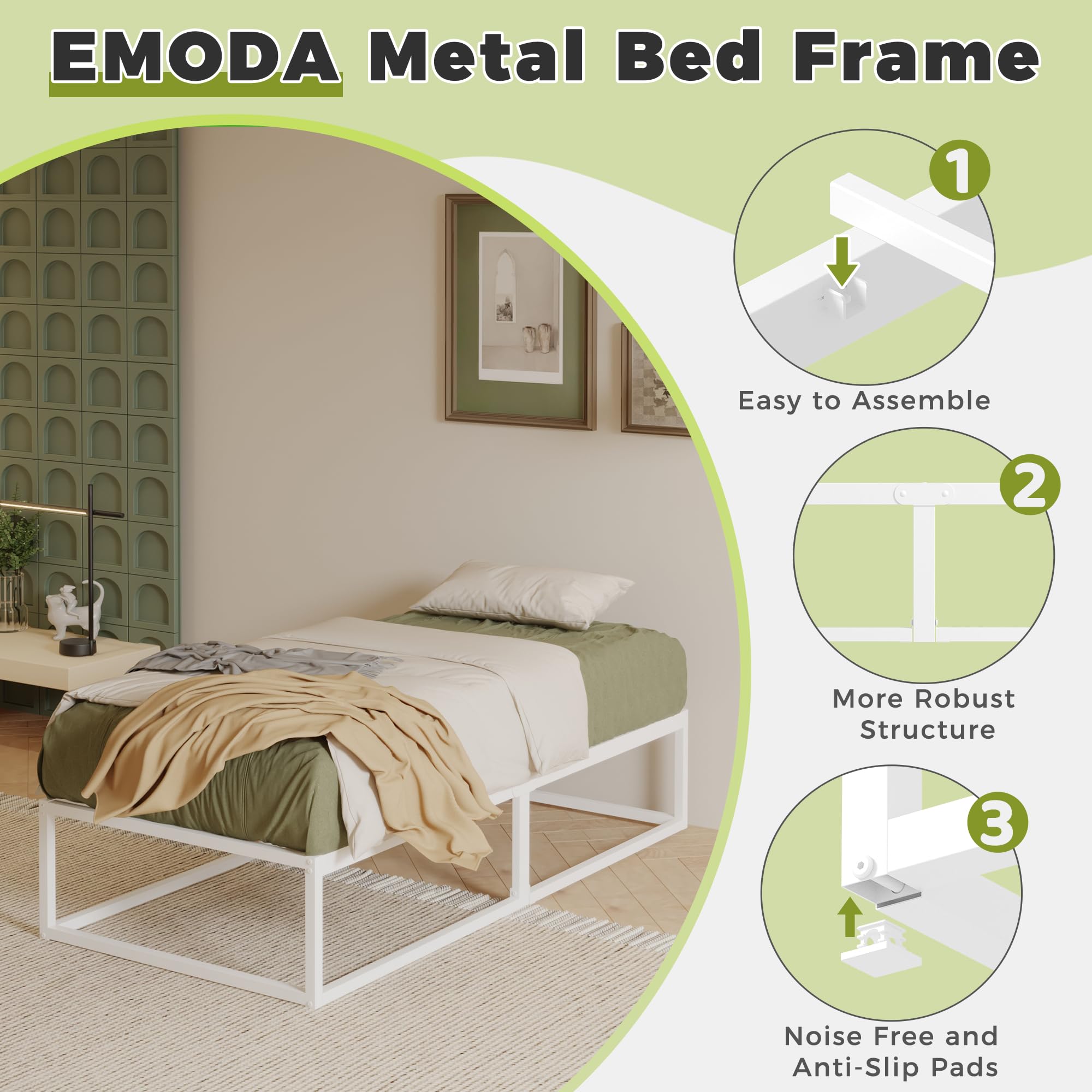 EMODA Metal Bed Frame 80 x 190cm with Steel Slats Support, White