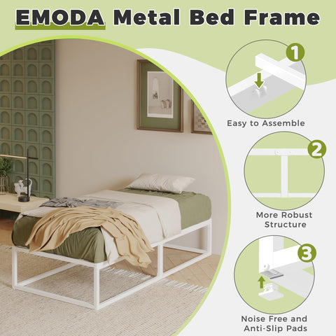EMODA Small Single Bed Frame 36cm High with Steel Slats Support, White