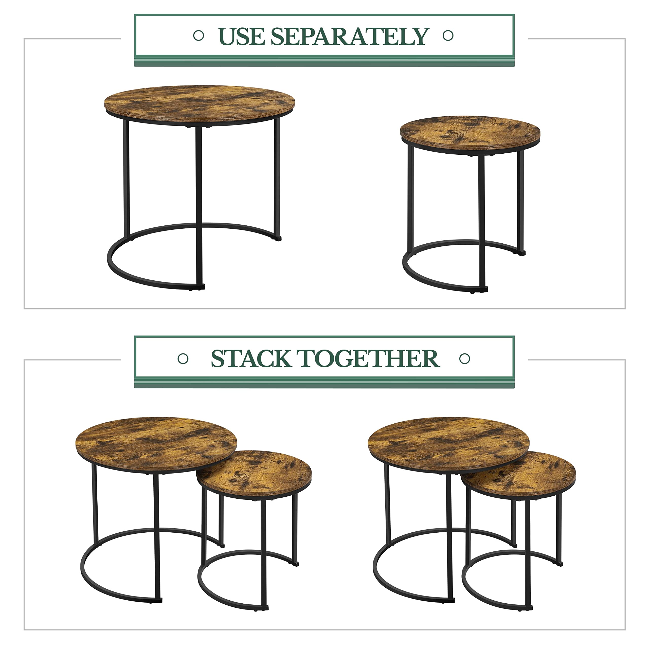 Yaheetech Round Nesting Coffee Tables Set of 2, Rustic Brown Wood Effect