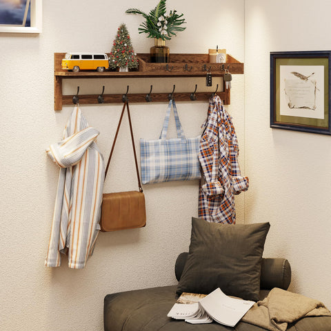 AMBIRD Wall-Mounted Coat Rack, 89cm Large Wall Hooks with Shelf, Entryway Shelf with 7 Dual Coat Hooks, Mail Organiser, Wooden Coat Hanger