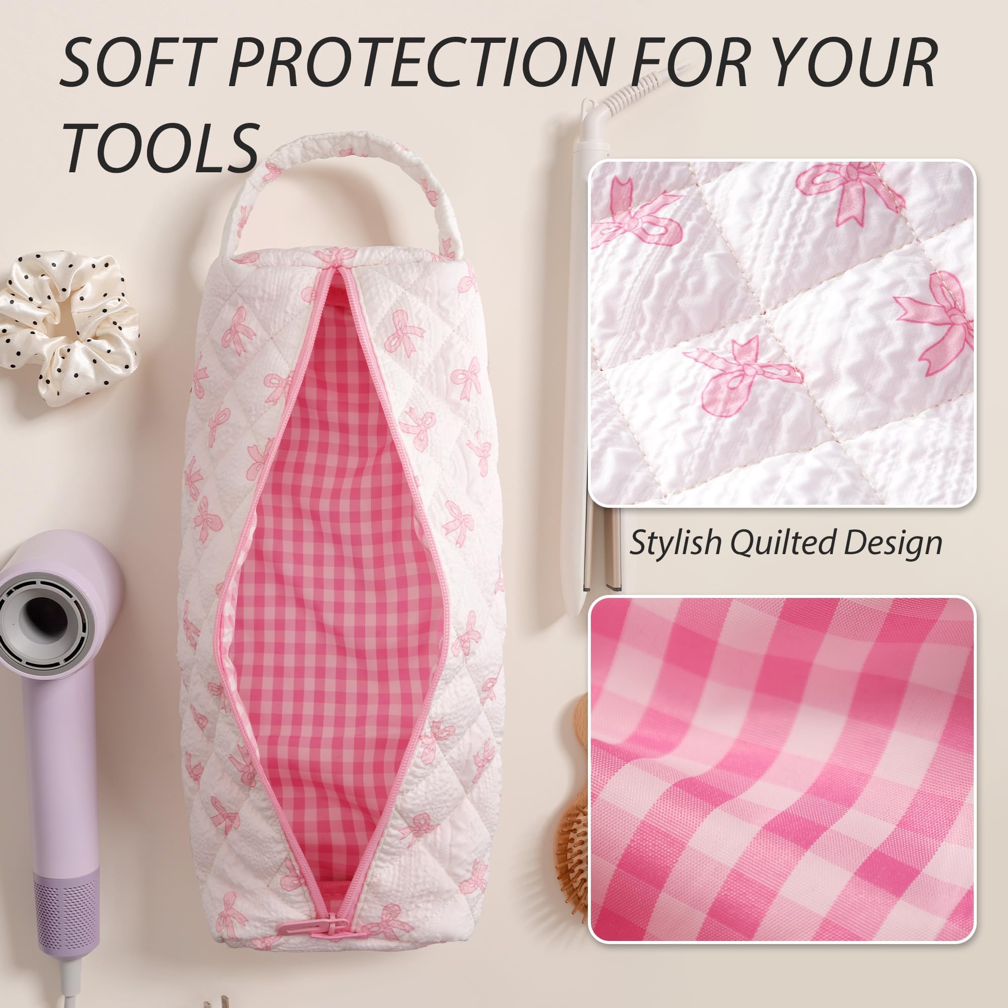 Linpr Cute Quilted Portable Hair Styling Tool Travel Bag, Bow Pink