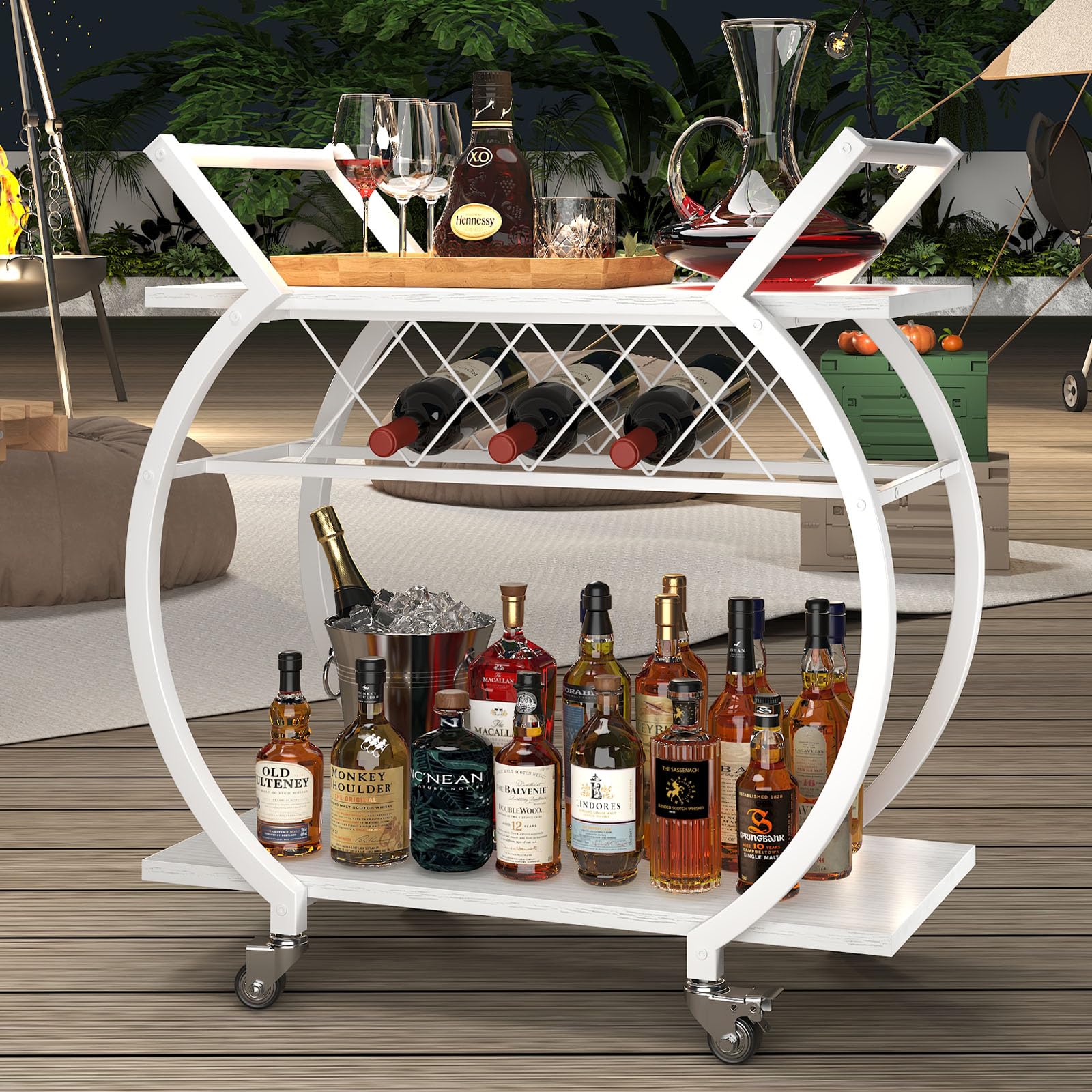 LVB White Drinks Trolley, 2 Tier Rolling Bar Cart, Modern Serving Trolley on Lockable Wheels, Wine Cart with Storage Shelves, Wine Holders