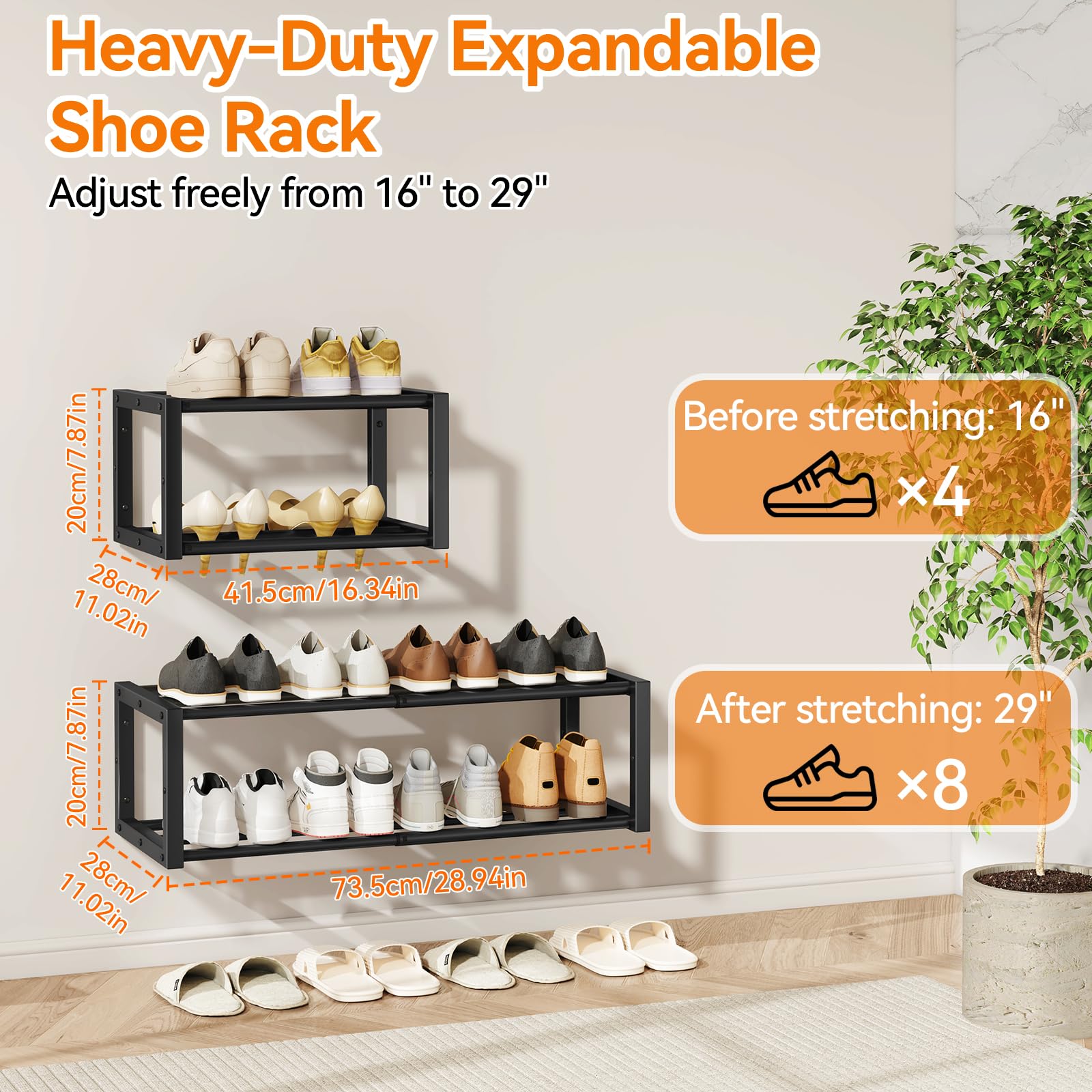 IBUYKE 2 Pack Wall Mounted Shoe Rack, 41-73 cm Expandable Hanging Shoe Organizer for 12-16 Pairs