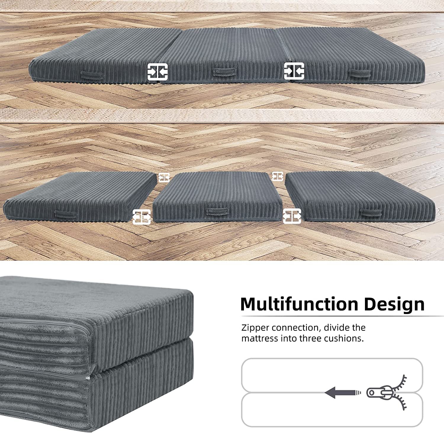 MeMoreCool Tri Folding Floor Mattress 190x75cm, 10cm Thick Foam Foldable Futon Mattress with Washable Cover, Portable Guest Bed Mat for Travel
