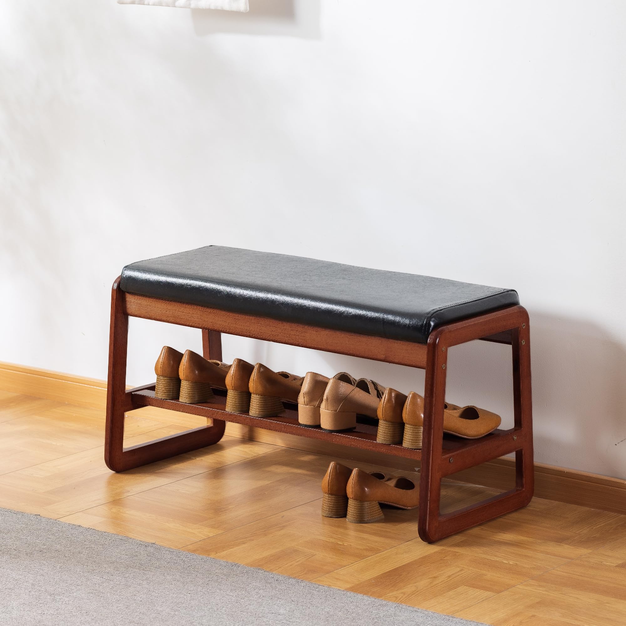 SOBIBO Solid Wood Shoe Bench, 2-Tier Wooden Storage Entryway Bench, Mid-Century Modern Shoe Bench Rack