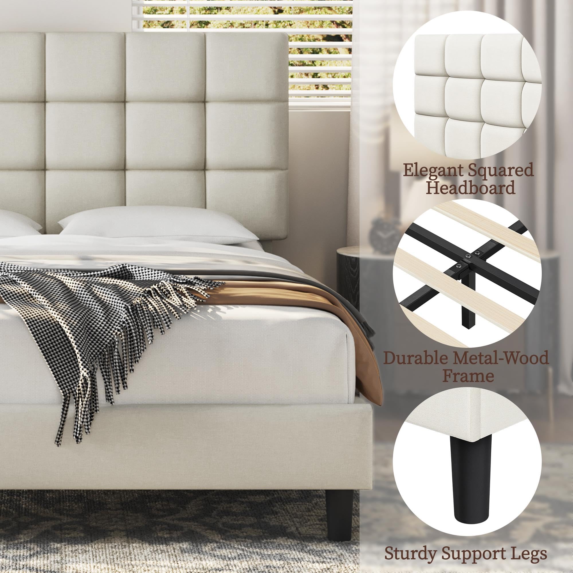 Yaheetech 5ft King Bed Frame, Upholstered Headboard, Beige