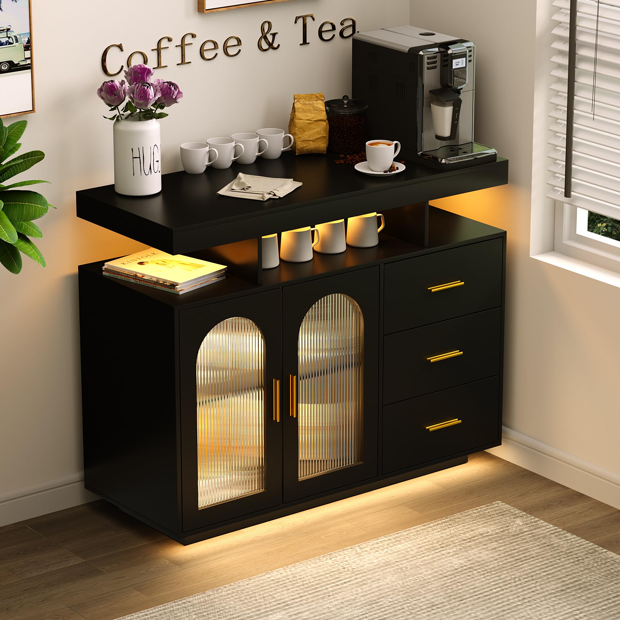 FREDEES Sideboard Buffet Cabinet with 3 Drawers and LED Lights, Black