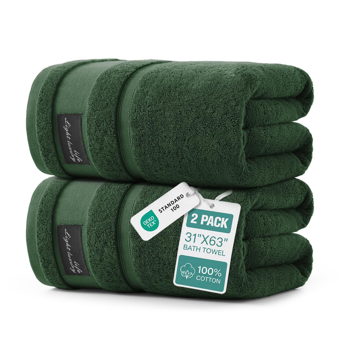 REDKISS 2-pack Dark Green Large Bath Towels-160 x 80CM Cotton Luxury Towel