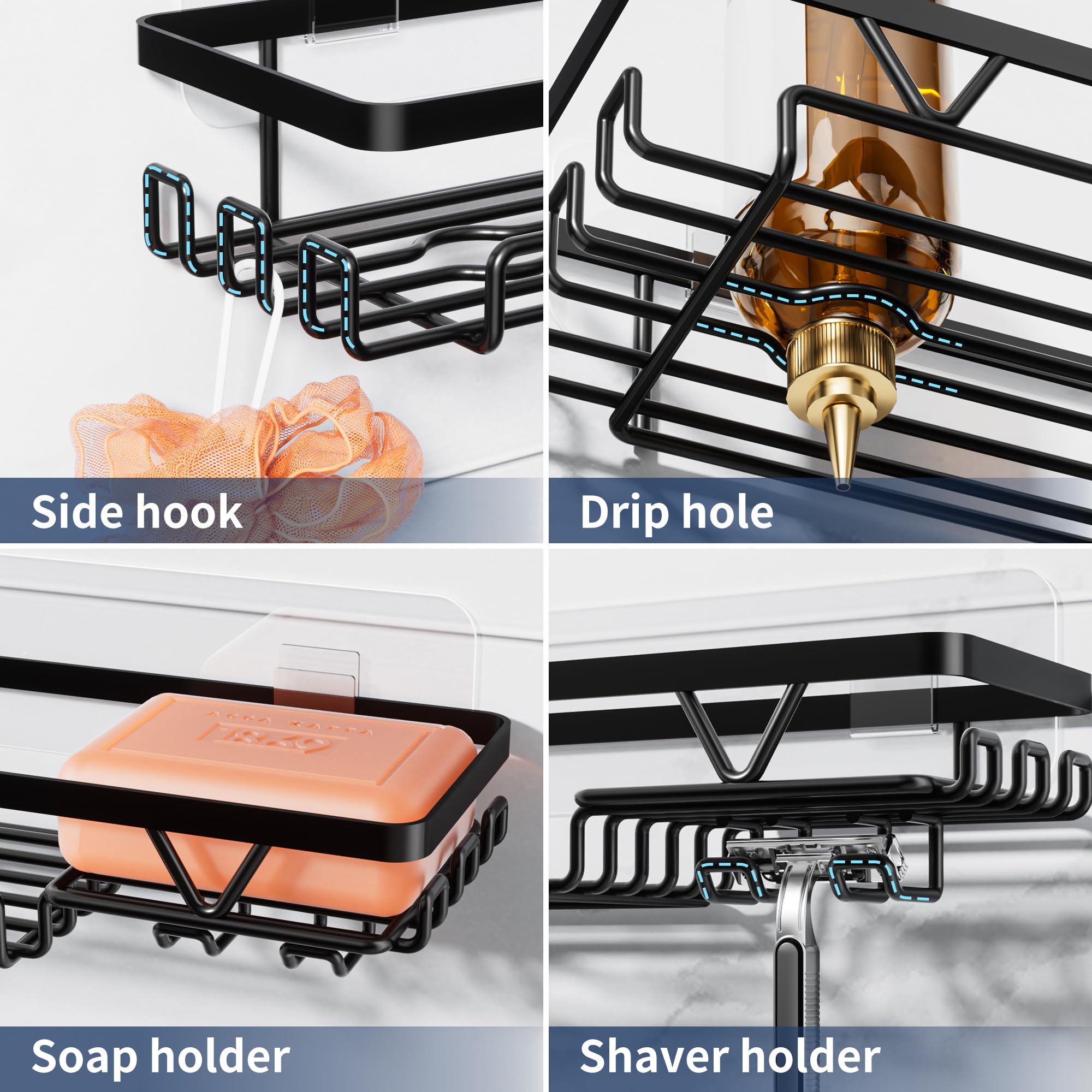 KEGII 2 Pack Adhesive Shower Caddy - Black Stainless Steel Shower Shelf with Soap & Razor Holder, No Drill for Bathroom Kitchen, 5KG Load Capacity