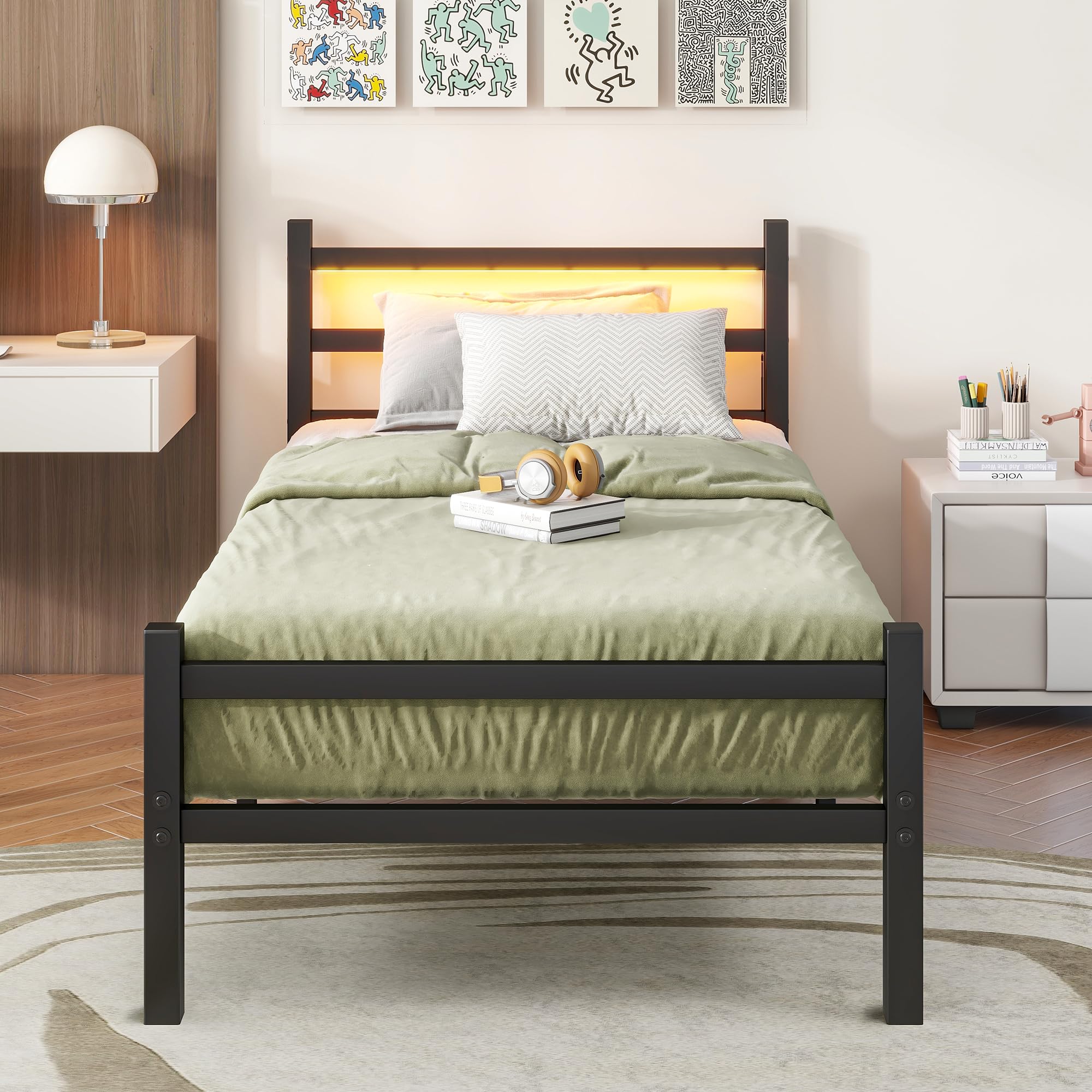 BORPHOM 3ft Single Bed Frame with Headboard & LED Lights,Heavy Duty Metal Platform Bed Frame with Charging Station,Mattress Base/Strong Steel Slats