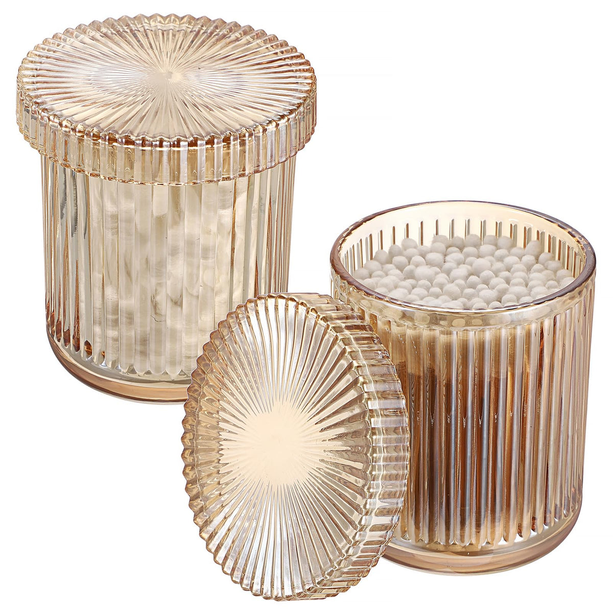 OLegei Glass Cotton Ball and Swab Holder Organizer, Set of 2 Bathroom Glass Storage Jars with Lid, Q-tips Floss Dispenser