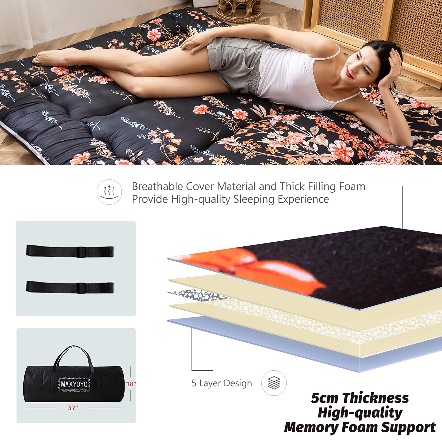 MAXYOYO Japanese Floor Futon Mattress, Thicken Tatami Mat Sleeping Pad Foldable Roll Up Mattress Dormitory Mattress Pad Floor Lounger Pillow Bed