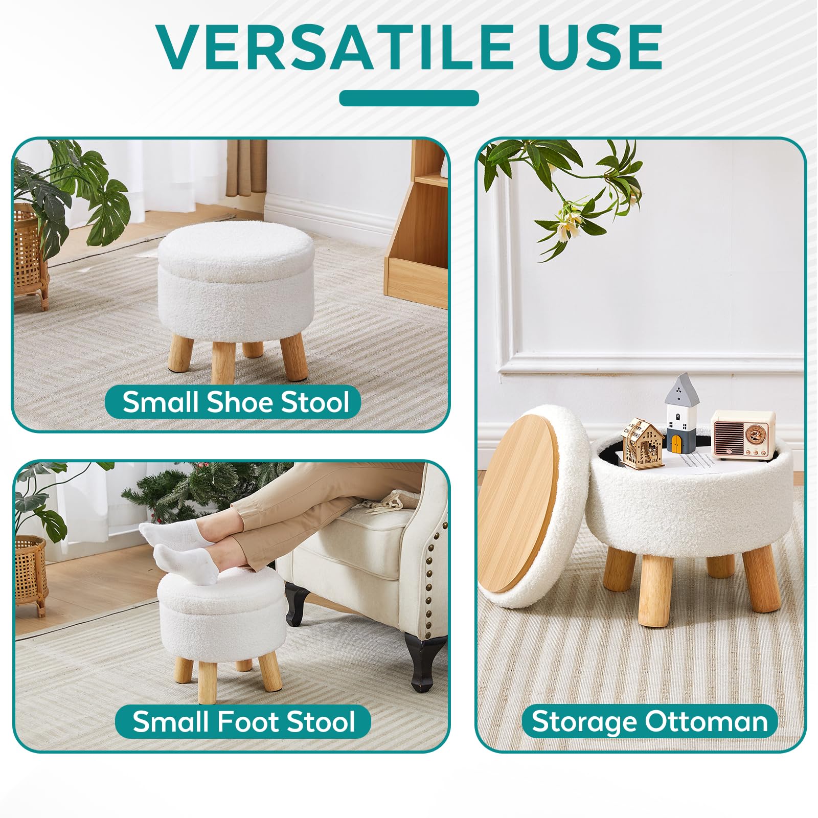BRIAN & DANY Footstool with Storage, Small Storage Ottoman, Teddy Fleece Round Stool with Lid, Sherpa Foot Stool with Legs for Living Room Entryway