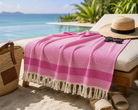 Babila Turkish Hammam Peshtemal Towel | Lightweight & Quick-Drying & Absorbent | Turkish Travel, Spa & Beach Towel | Soft, Compact & Versatile | Pink