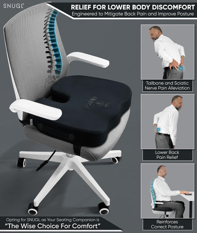 SNUGL Coccyx Seat Cushion – Orthopedic Memory Foam Pillow for Desk Chair, Gaming, Wheelchair, Car Seat, Postpartum & Pregnancy, Hemorrhoids Treatment