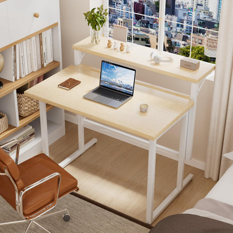 JUMMICO Folding Desk,Small Foldable Desk with Monitor Shelf, 2-Tier Folding Table for Home, Office, School, Computer Desk for Small Space, Beige