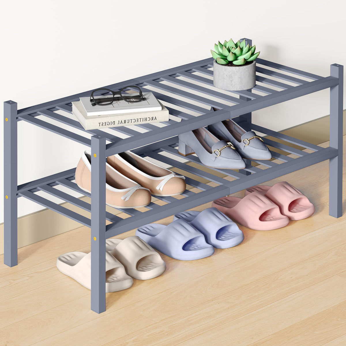 smiry Natural Bamboo Shoe Rack, 2 Tier Wooden Stackable Shoe Storage Organiser, Free Standing Shoes Storage Shelf for Entryway, Hallway, Small Spaces
