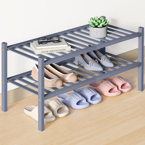smiry Natural Bamboo Shoe Rack, 2 Tier Wooden Stackable Shoe Storage Organiser, Free Standing Shoes Storage Shelf for Entryway, Hallway, Small Spaces