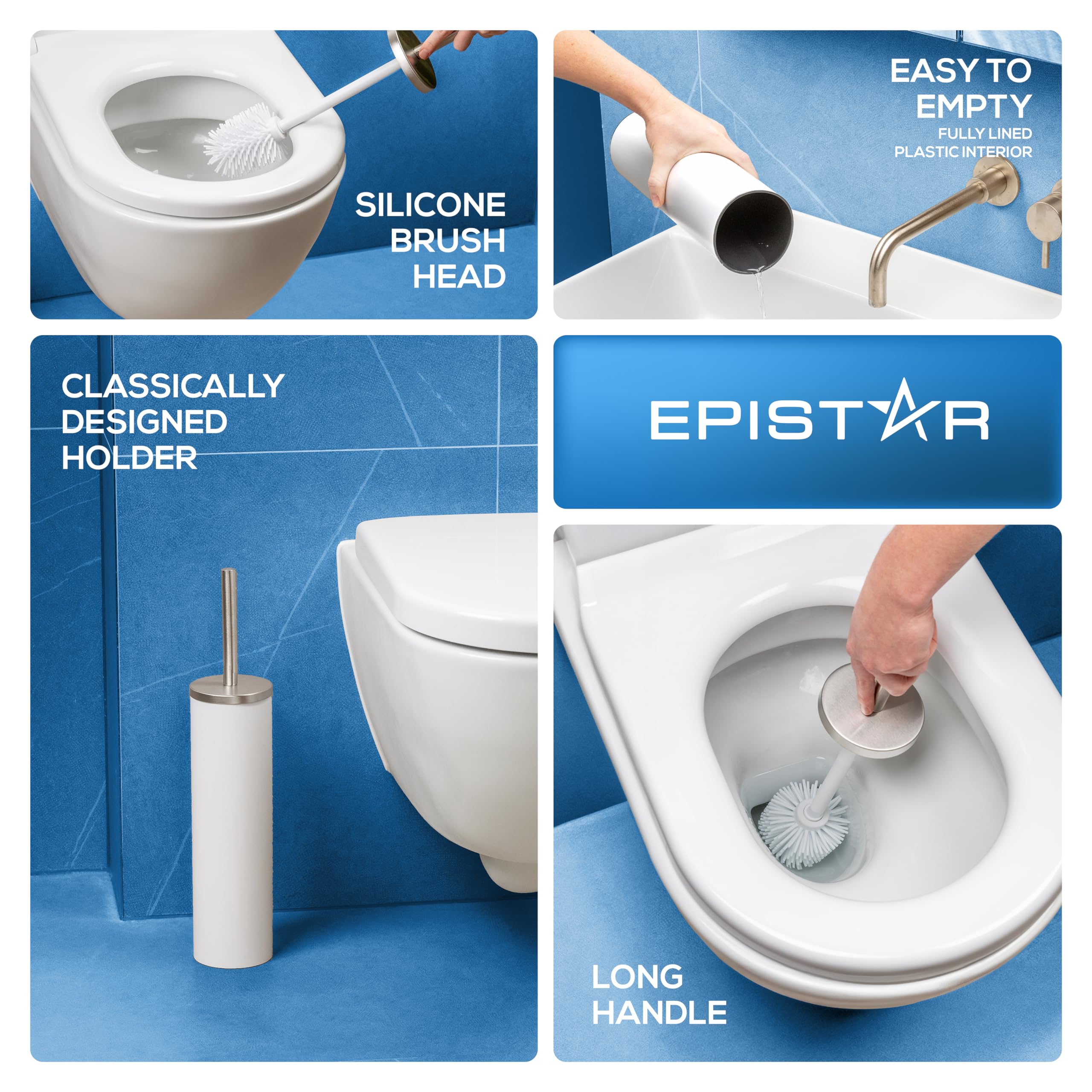 EPISTAR Silicone Toilet Brush & Holder Set - Stainless Steel - Replacement Heads Available - 45cm Tall - Toilet Brush Silicone with Long Handle
