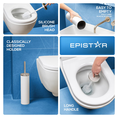 EPISTAR Silicone Toilet Brush & Holder Set - Stainless Steel - Replacement Heads Available - 45cm Tall - Toilet Brush Silicone with Long Handle