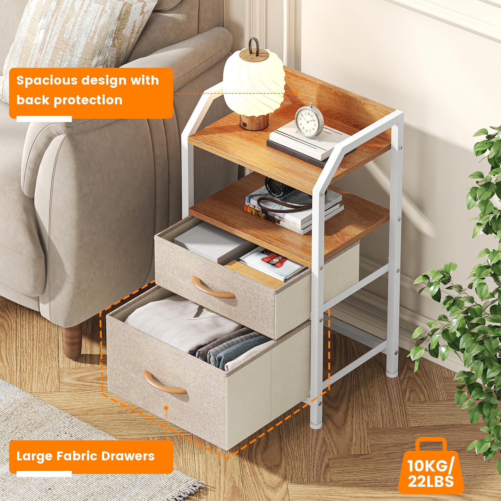 Feonase Set of 2 Bedside Table with 2 Fabric Drawers & Open Shelf - Sturdy Metal Frame Nightstand, Compact End Table for Bedroom, Living Room