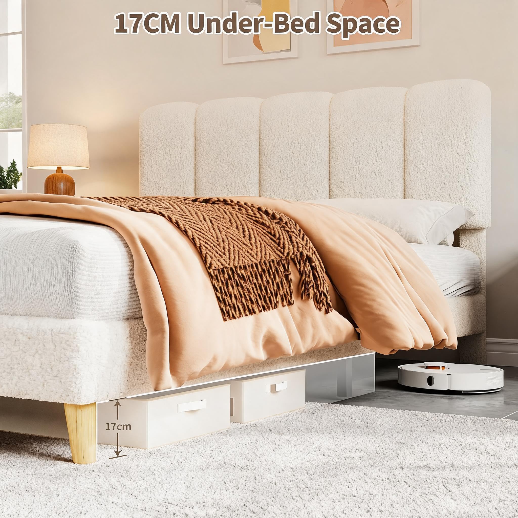 Crevyteg Modern Bouclé Upholstered Double Bed Frame 4ft6 135x190cm, Adjustable Wave Headboard, Sturdy Wooden Slats, Underbed Storage, Easy Assembly