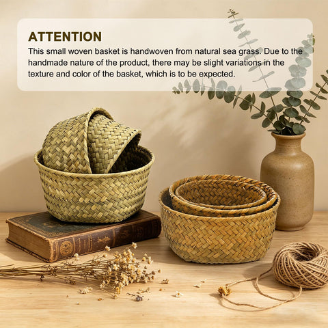 M METERXITY 3-Pack Natural Seagrass Woven Storage Basket, 14cm x 7.5cm Small Round Storage Seaweed Woven Sundries Baskets for