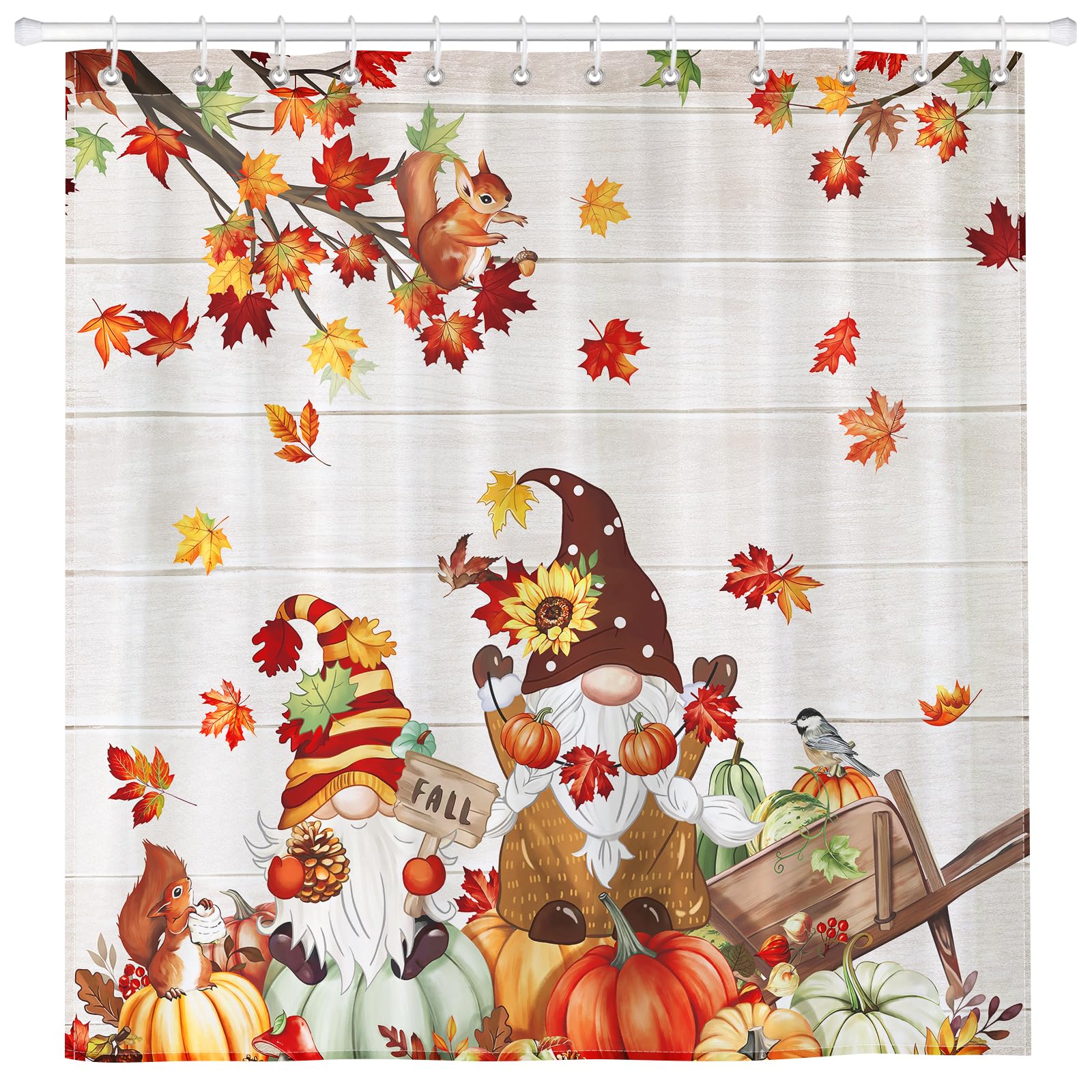 Arquiel Fall Pumpkin Gnome Shower Curtain Sets, Waterproof Polyester Fabric Shower Curtains With 12 Hooks for Bathroom Home Decoration