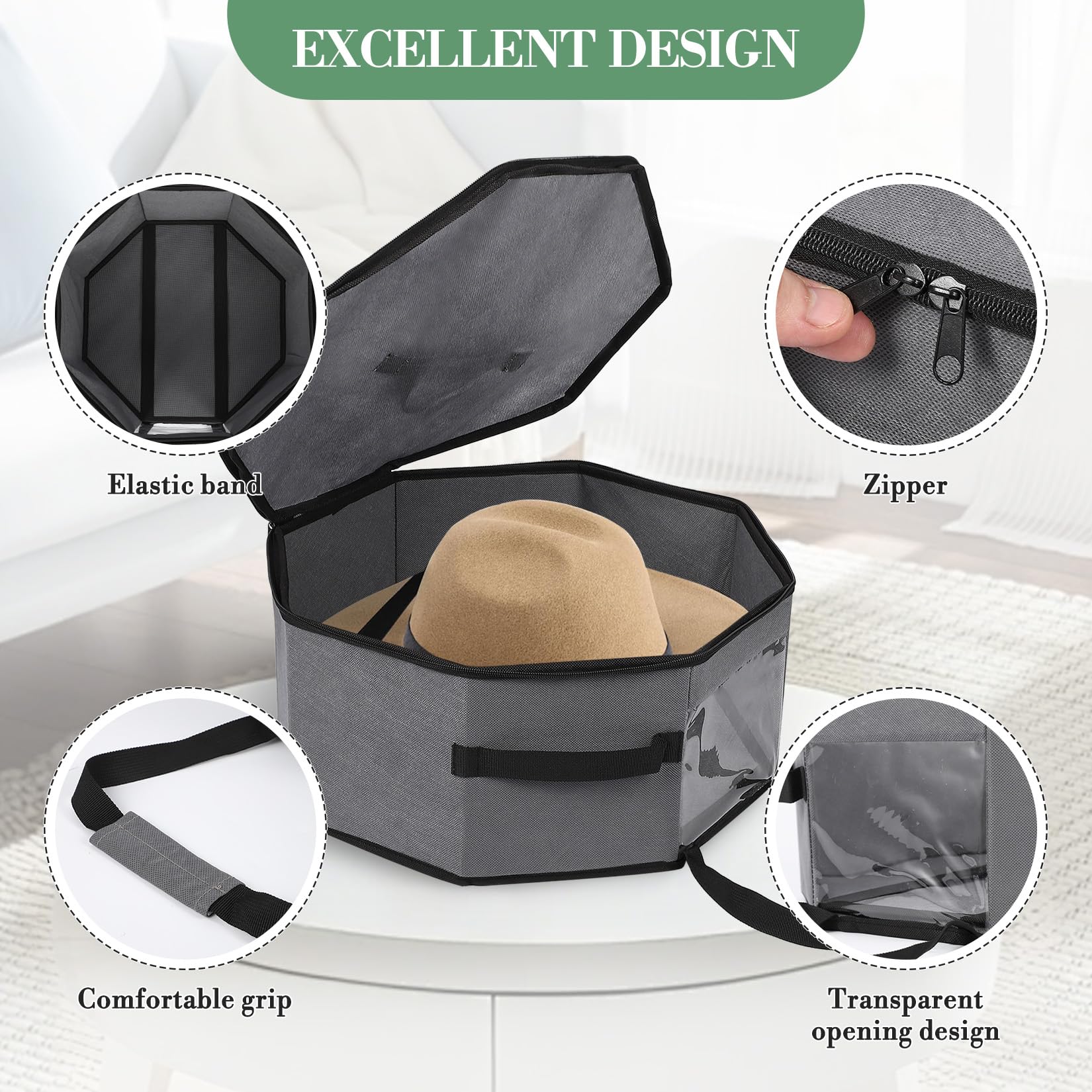GarveeMore 3 Pack Hat Box for Travel Cowboy Hat Travel Case Carrier Bag with Shoulder Strap, 42x42x19cm Collapsible Cap Case with Cardboard