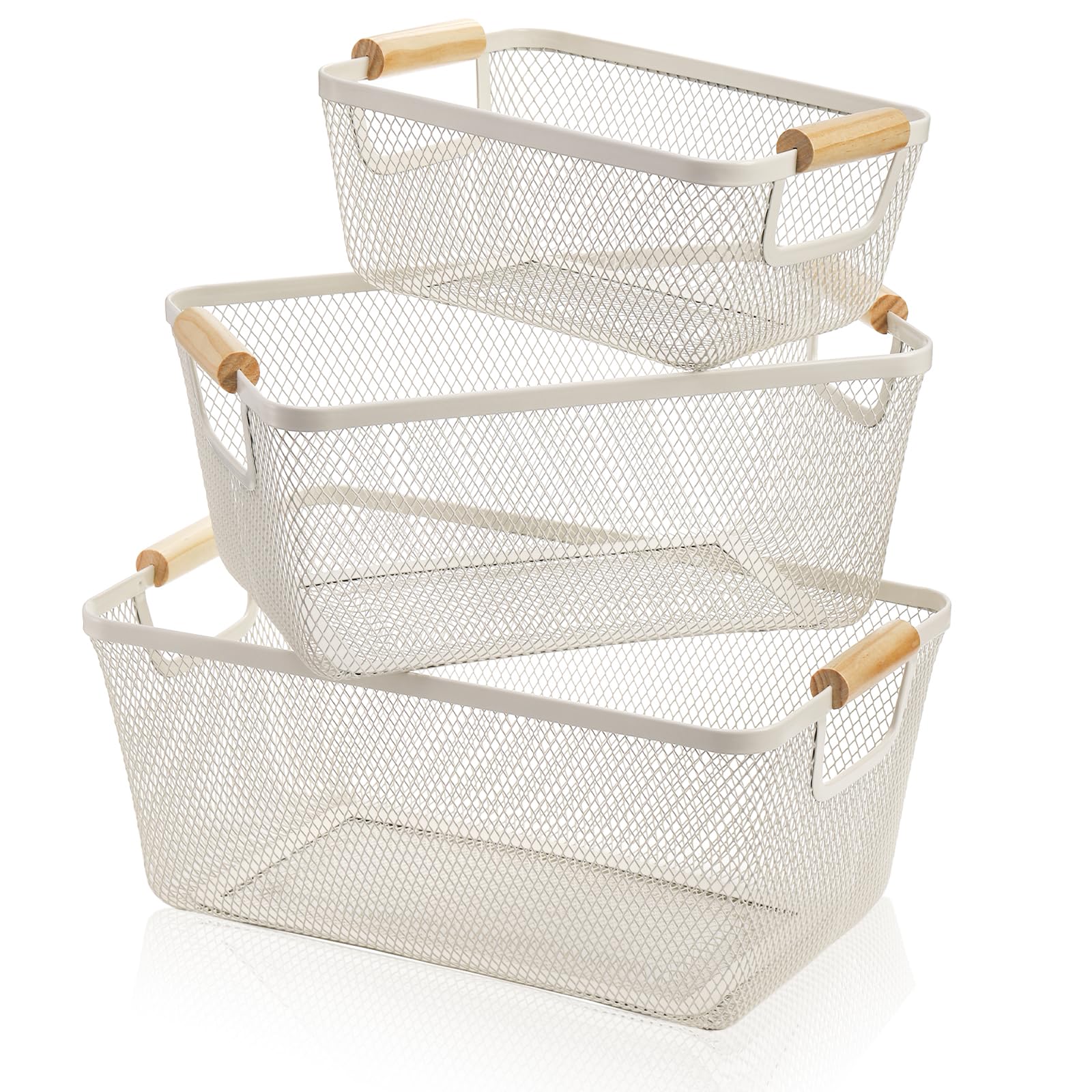 Noamus 3 Pack Metal Mesh Baskets with Wood Handle, Iron Storage Organizer Basket, White Wire Countertop Baskets for Organizing