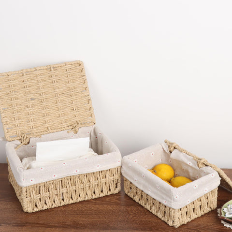FEILANDUO Wicker Shelf Baskets Bin with Lid, Handwoven Paper Rope Baskets for Organizing, Rectangular Basket for Storage