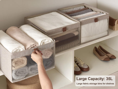 StorageWorks Storage Boxes, Fabric Storage Boxes for Shelves, Foldable Storage Baskets with Clear Window, Clothes Storage Boxes with Handles