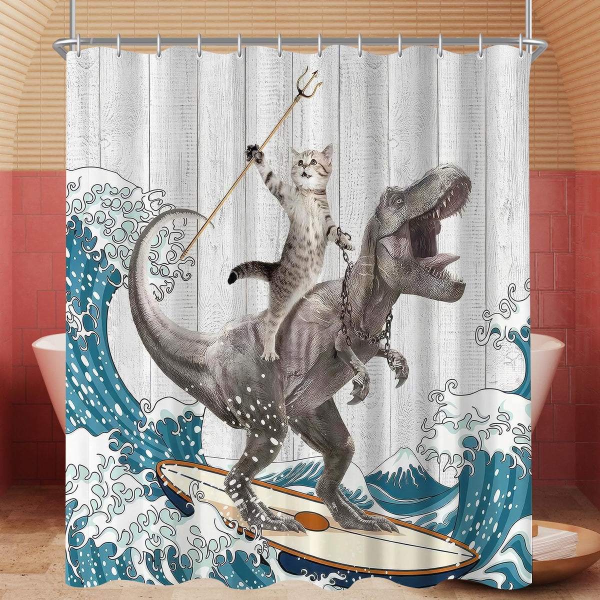 Lerores Shower Curtain, 180 x 160 cm, Cats and Dinosaurs, Weighted Hem, Anti-Mould, Water-Repellent