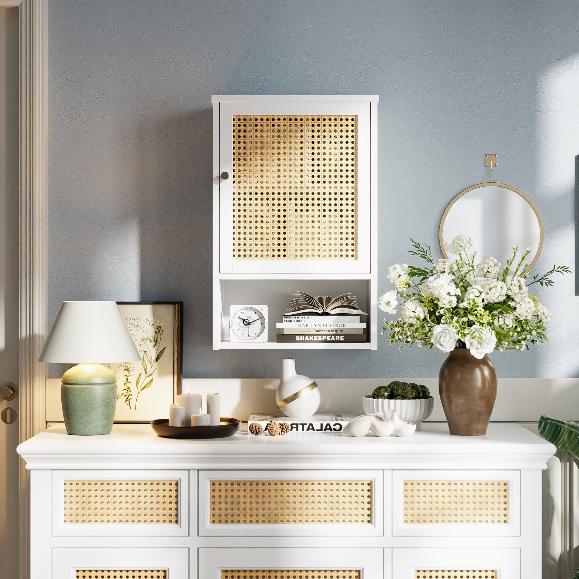 vovala Bathroom Wall Cabinet, Bamboo Over-The-Toilet Storage Organizer with Rattan Doors and Adjustable Shelf