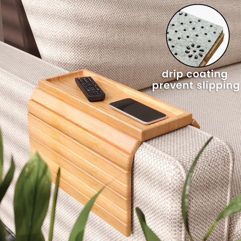Fibogollo Sofa Arm Tray,Bamboo Folding Couch Arm Tray,1 Pc Sofa Armrest Tray with Anti-Slip Pad for Drinks,Snacks,Phone,Remote Control（Natural）