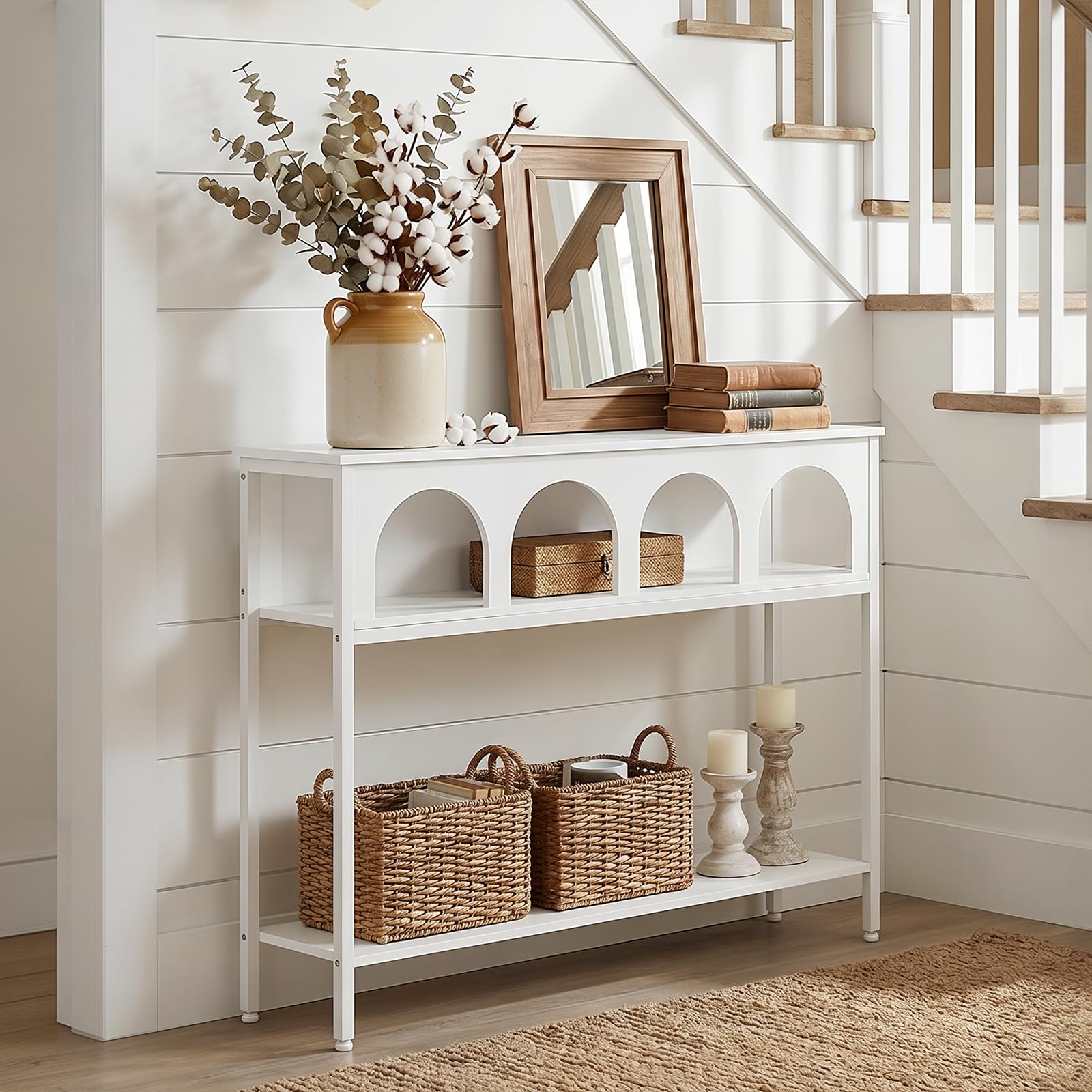 HOOBRO 100 cm Console Table with 3-Tier Storage, Arched Hallway Table with Sturdy Metal Frame, Narrow Sofa Table Behind Couch for Living Room