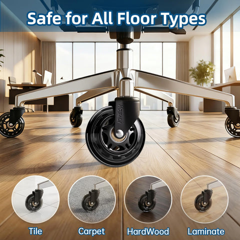 Office Rubber Chair Casters Replacement, 3 Inch Heavy-Duty Computer Gaming Desk Caster Wheels Smooth & Safe Rolling for All Floors Including Hardwood